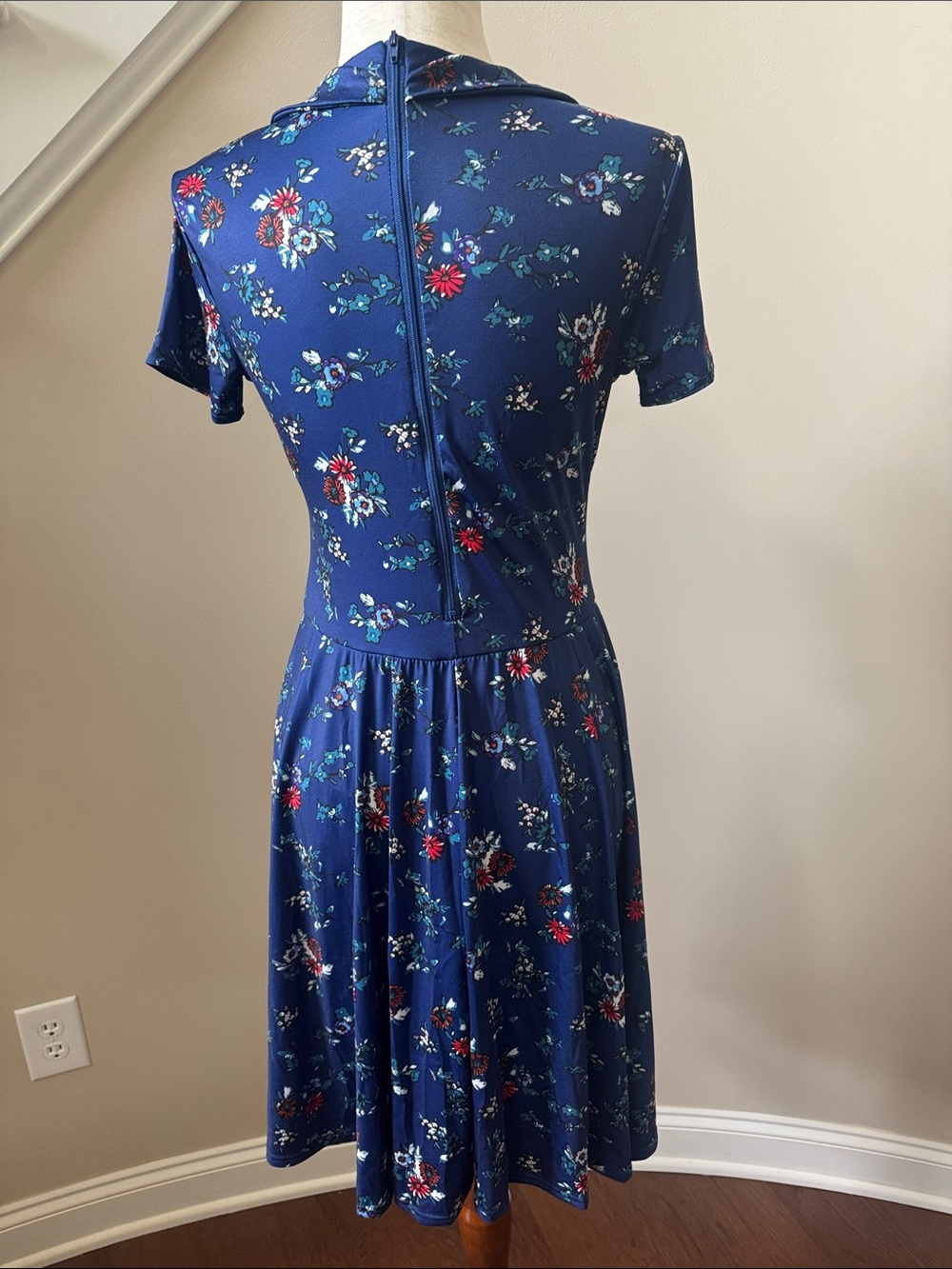 Weissman Navy Blue Floral Midi Dress with Red & White Accents - Picture 5 of 8